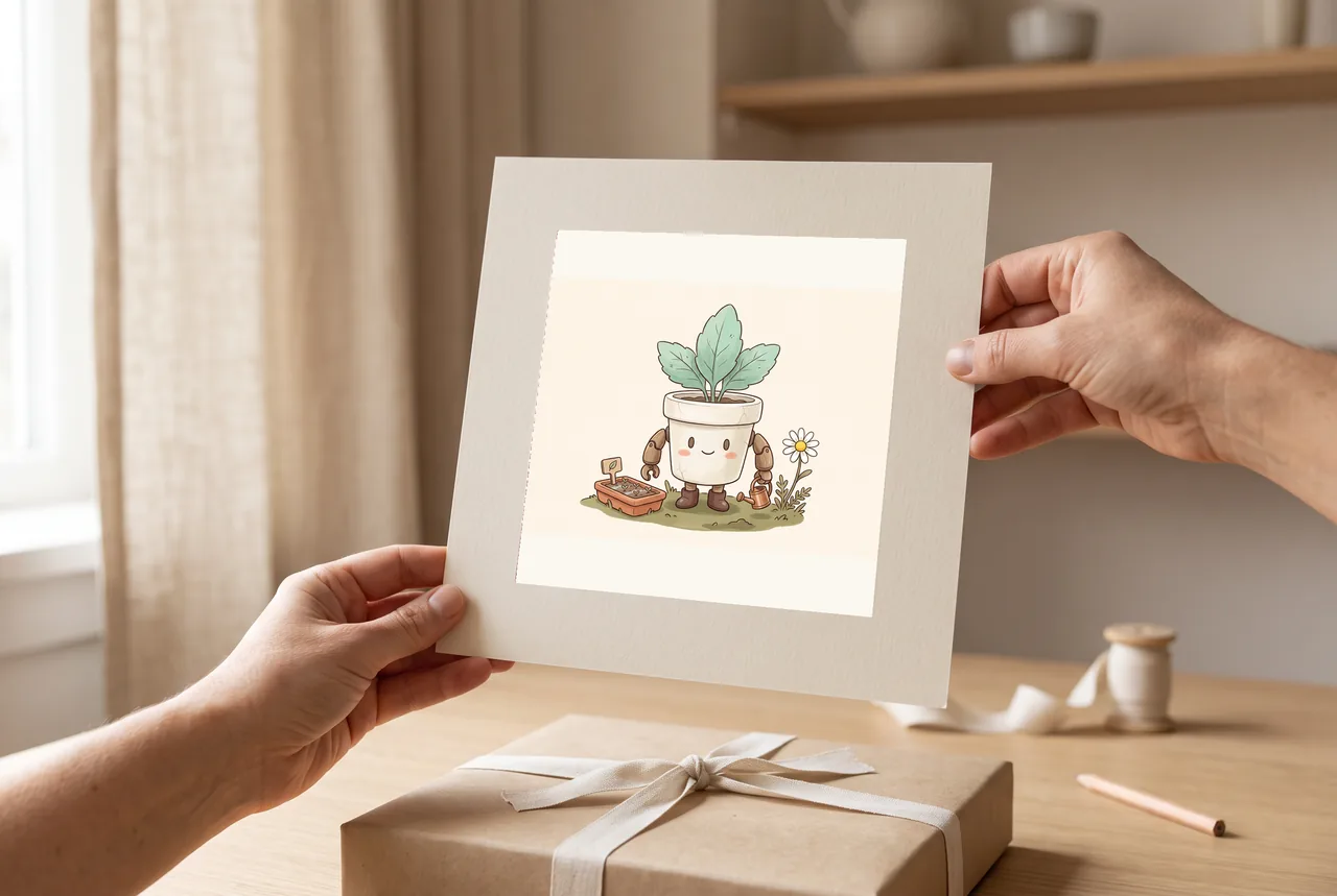 An adult hand holds a small print of the original flowerpot robot, with the paper edge clear around the artwork.