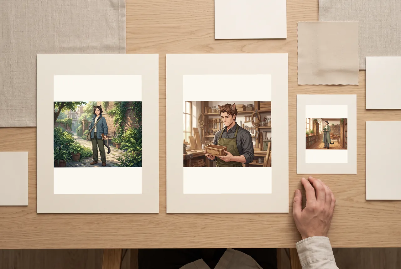 A coordinated set of adult neko concept prints and a small character card on a creative desk.