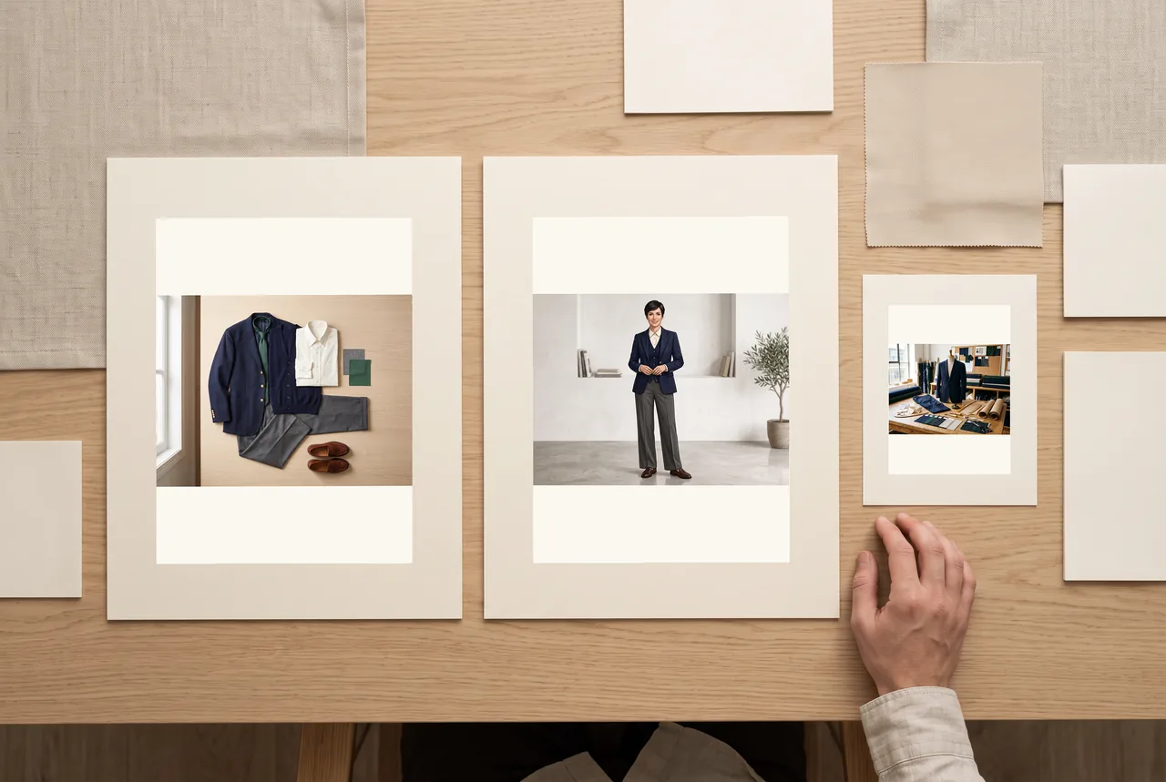Coordinated outfit concept sheets with matching borders and plain swatches arranged as a fashion presentation set.