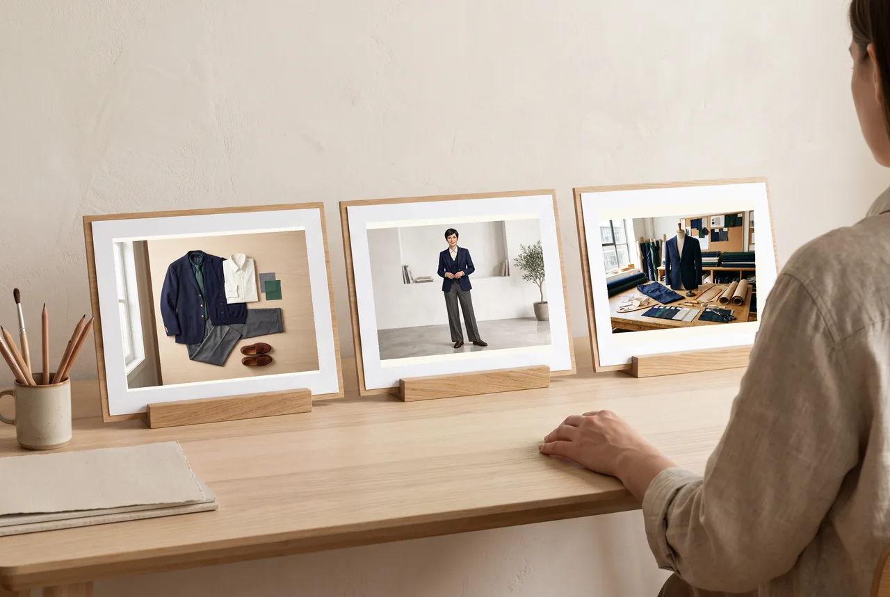 A garment flatlay, adult model study and clothing-worktable illustration displayed as three presentation directions.