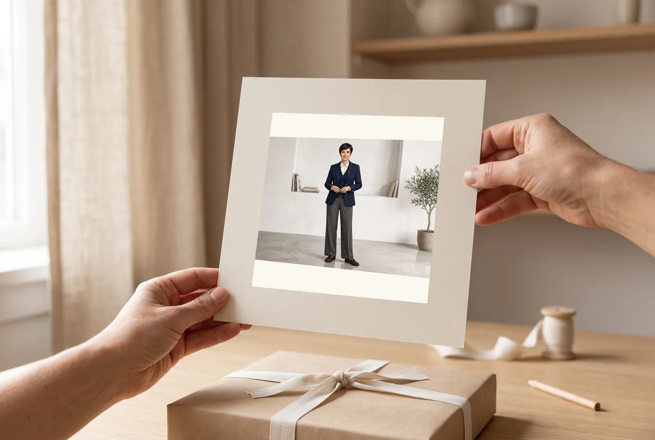 An adult hand holds an outfit design card with the original fully clothed adult model illustration.