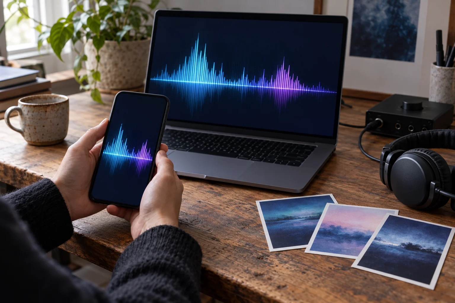 Rokas tur telefonu ar ciāna un violetu audio mākslu, kas saskan ar klēpjdatora ekrānu blakus austiņām un abstraktām relīzes kartītēm
