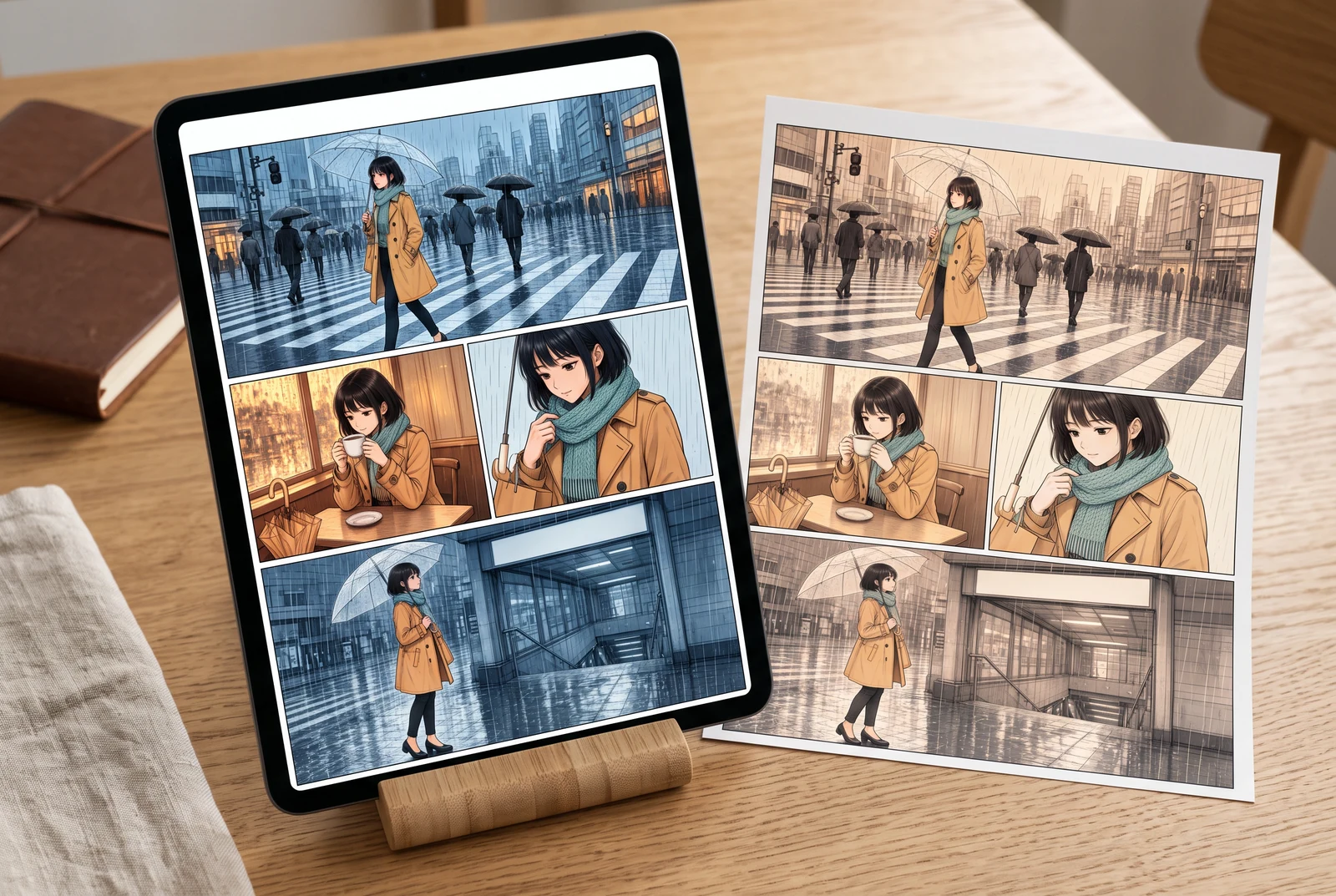 Concepto de estilo de vida con IA de una escena de manga a color terminada con iluminación dramática vista en una tableta en un espacio de lectura en casa.