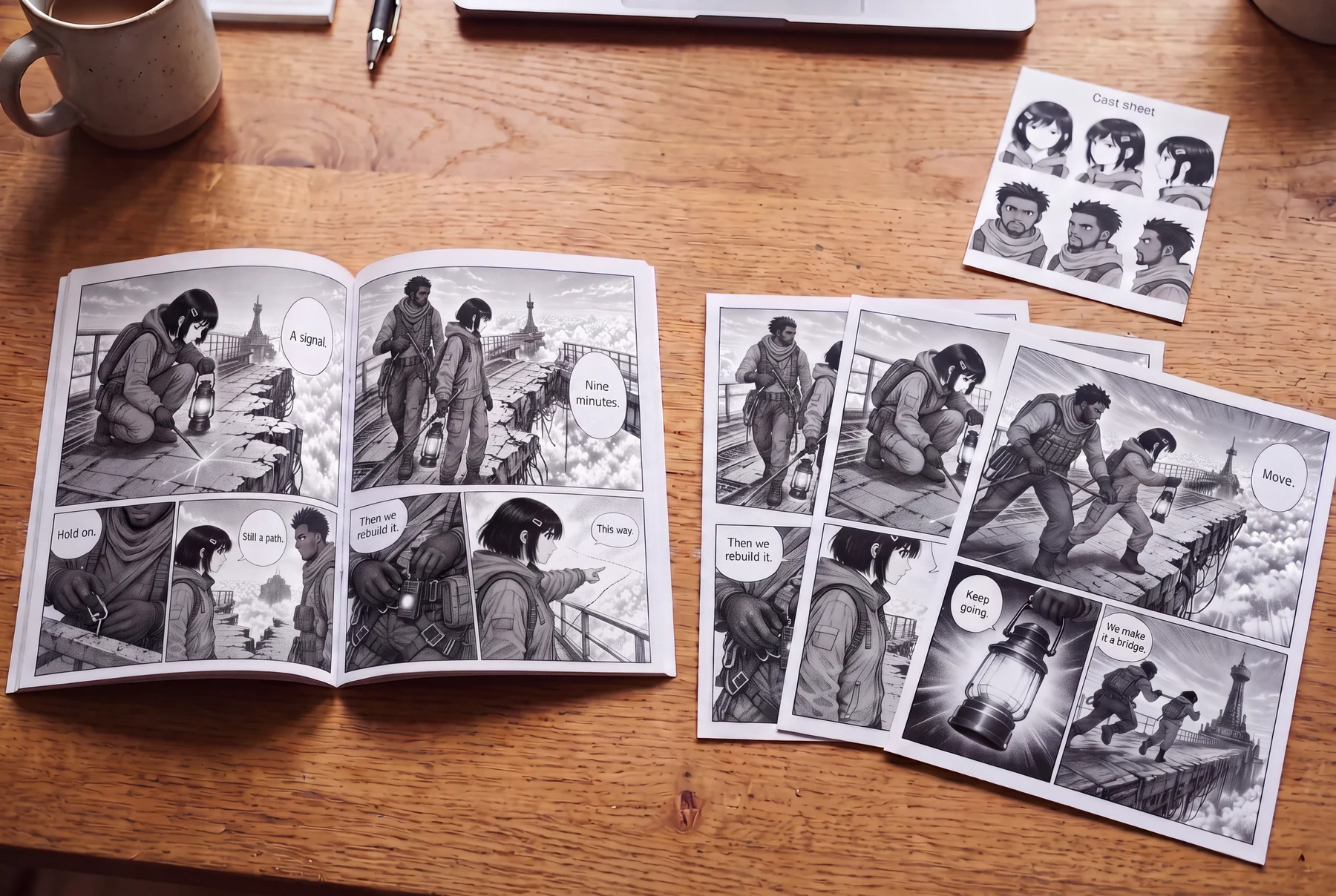 An open manga book, three chapter proofs, and a small character reference card on an oak table.