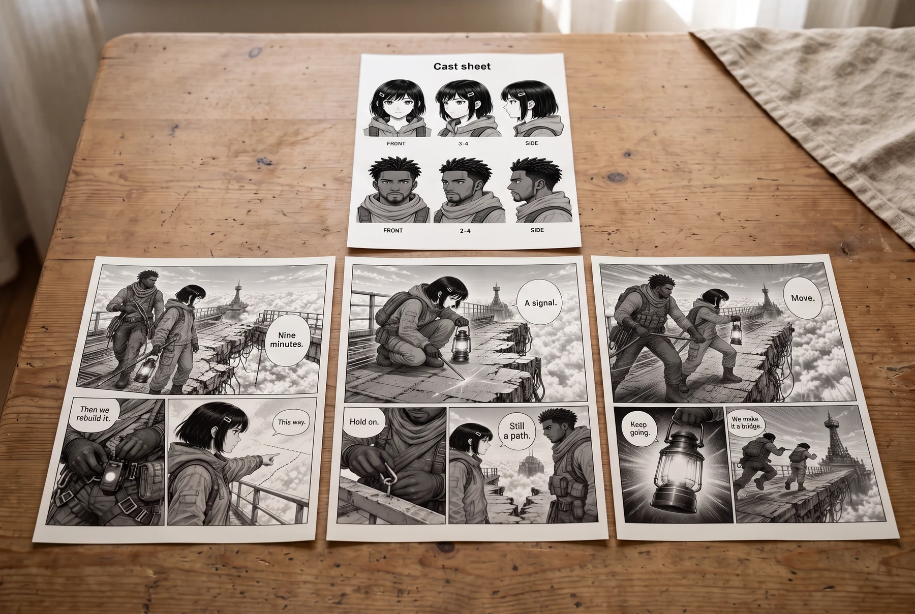 Three manga chapter proofs with different panel layouts and the same explorers, arranged below a character sheet.