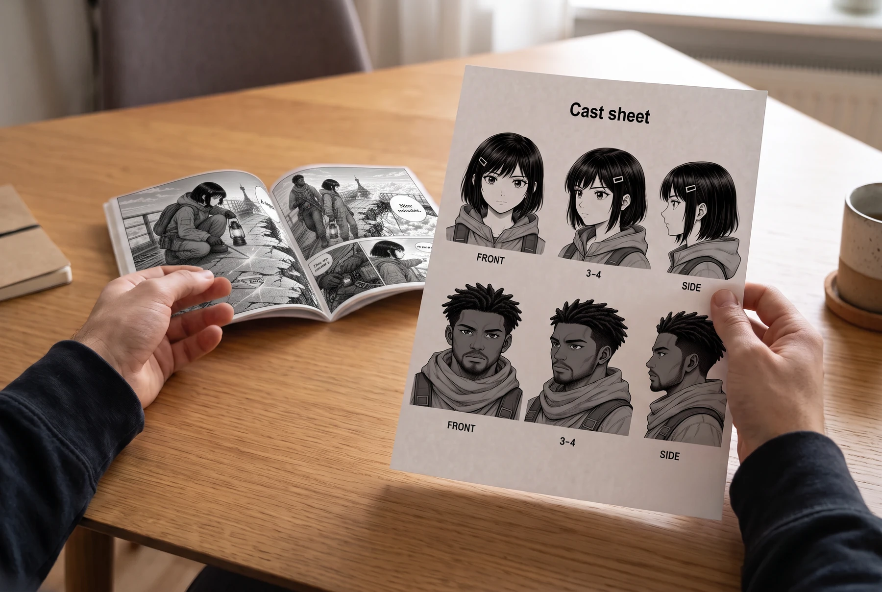 Hands hold a printed character reference sheet beside an open manga chapter.