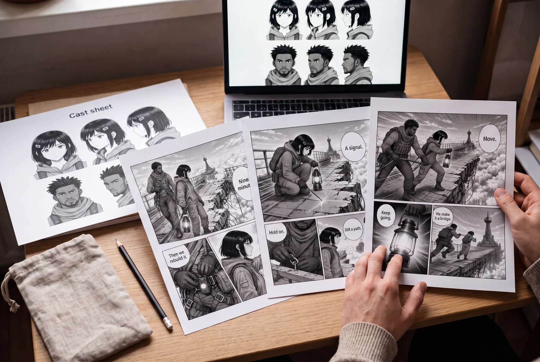 A character reference sheet and manga chapter prints spread across a desk, with the same reference on a laptop.