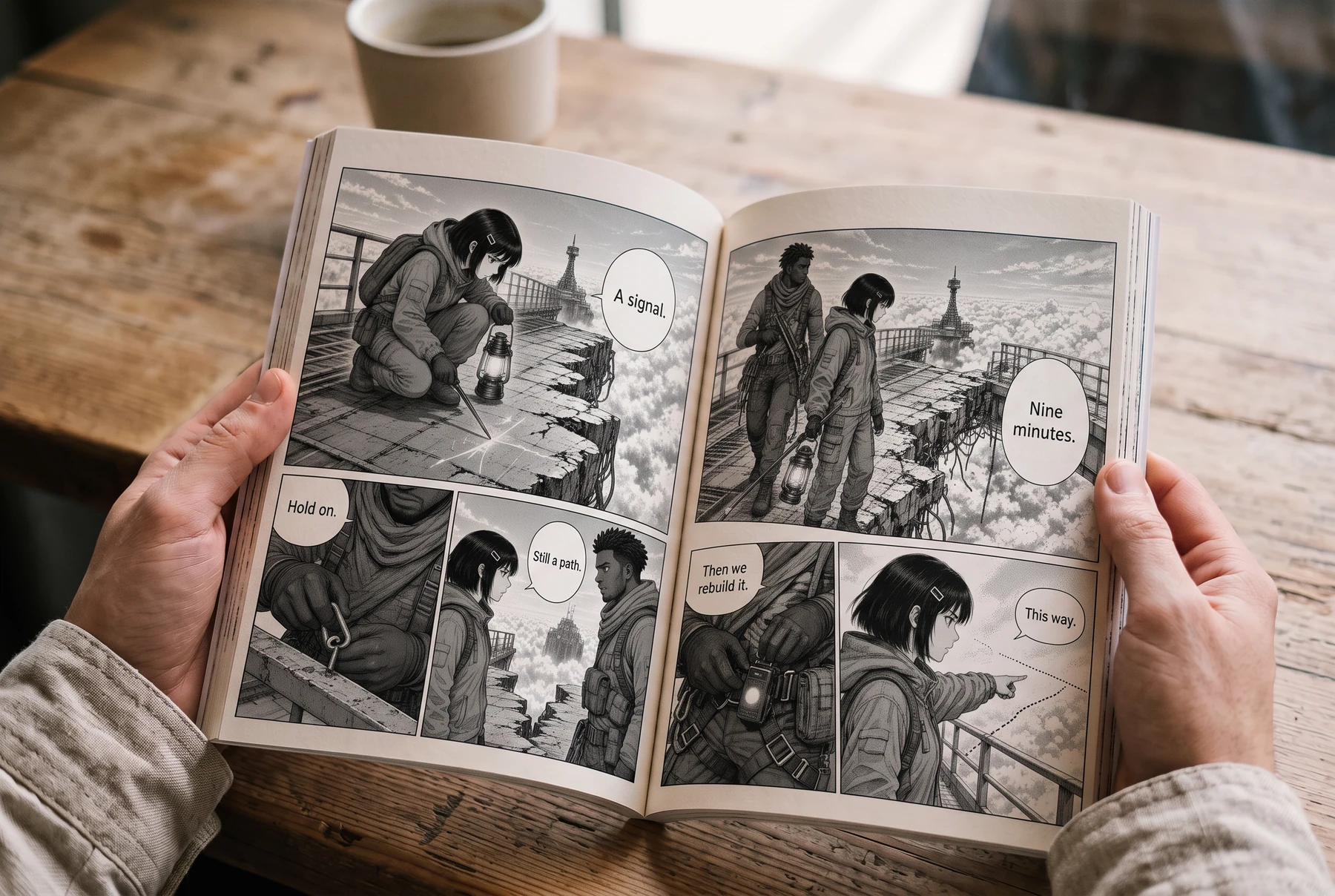 Two hands hold an open manga book at a wooden cafe table, with a ceramic cup in the background.