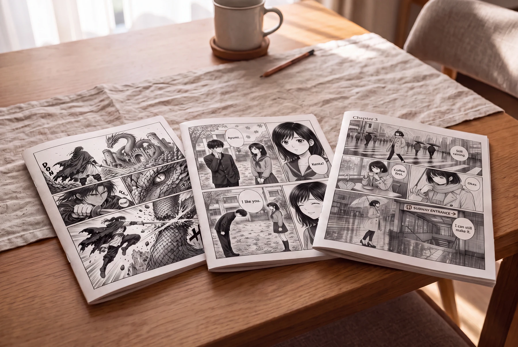 Three slim manga booklets or proofs with fantasy, romance, and rainy-city artwork on a dining table.