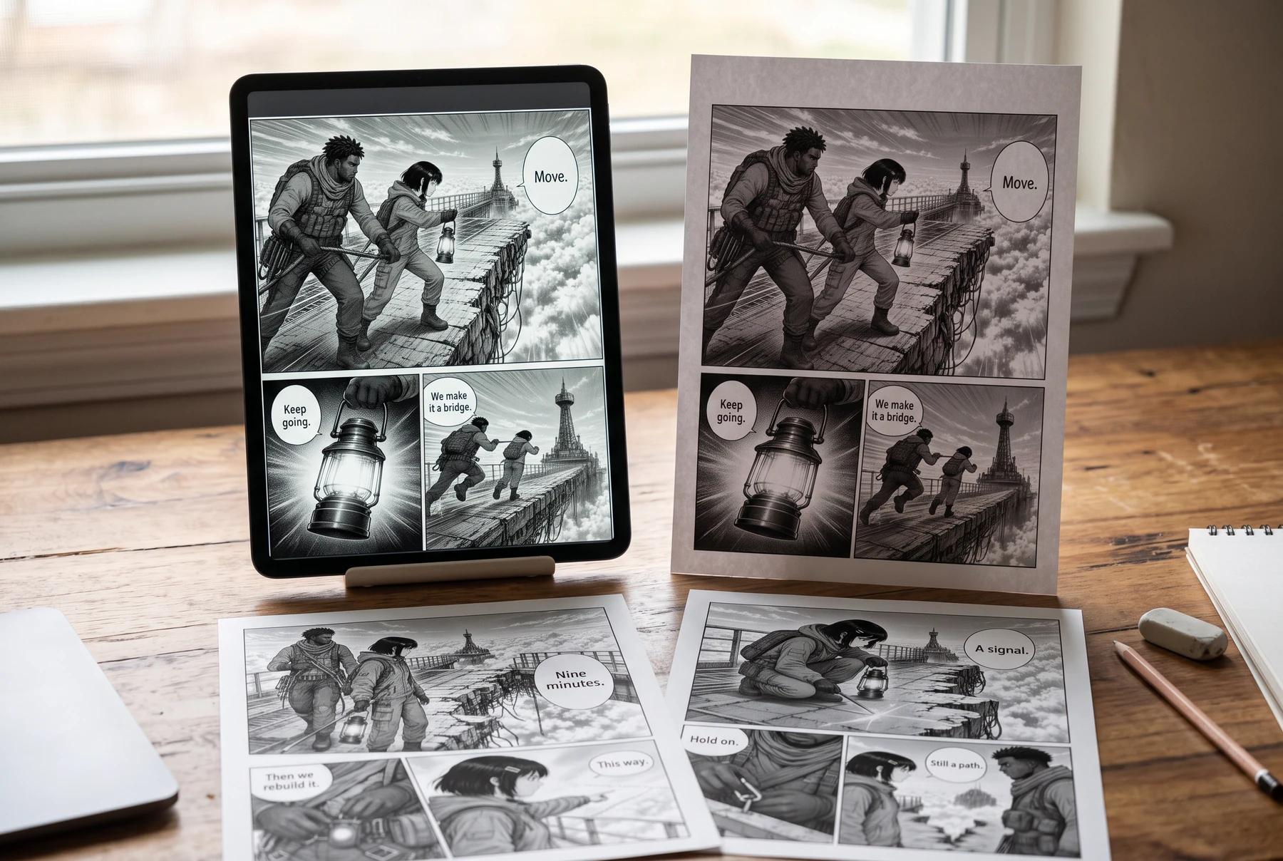 A portrait tablet and a matching printed manga page beside two other chapter proofs on a wooden table.