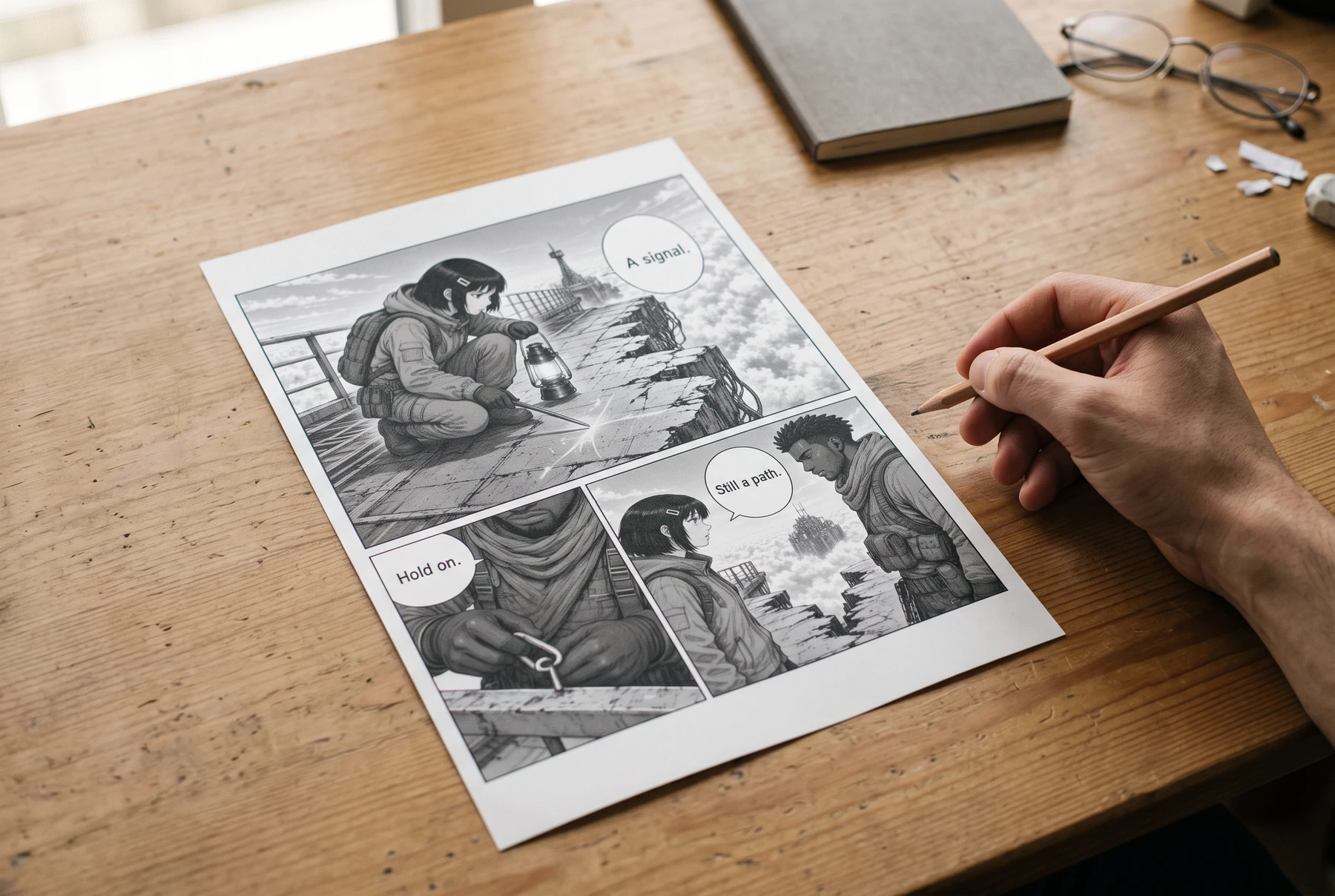 A printed manga page on a home desk, with a hand holding a pencil beside the margin and glasses nearby.
