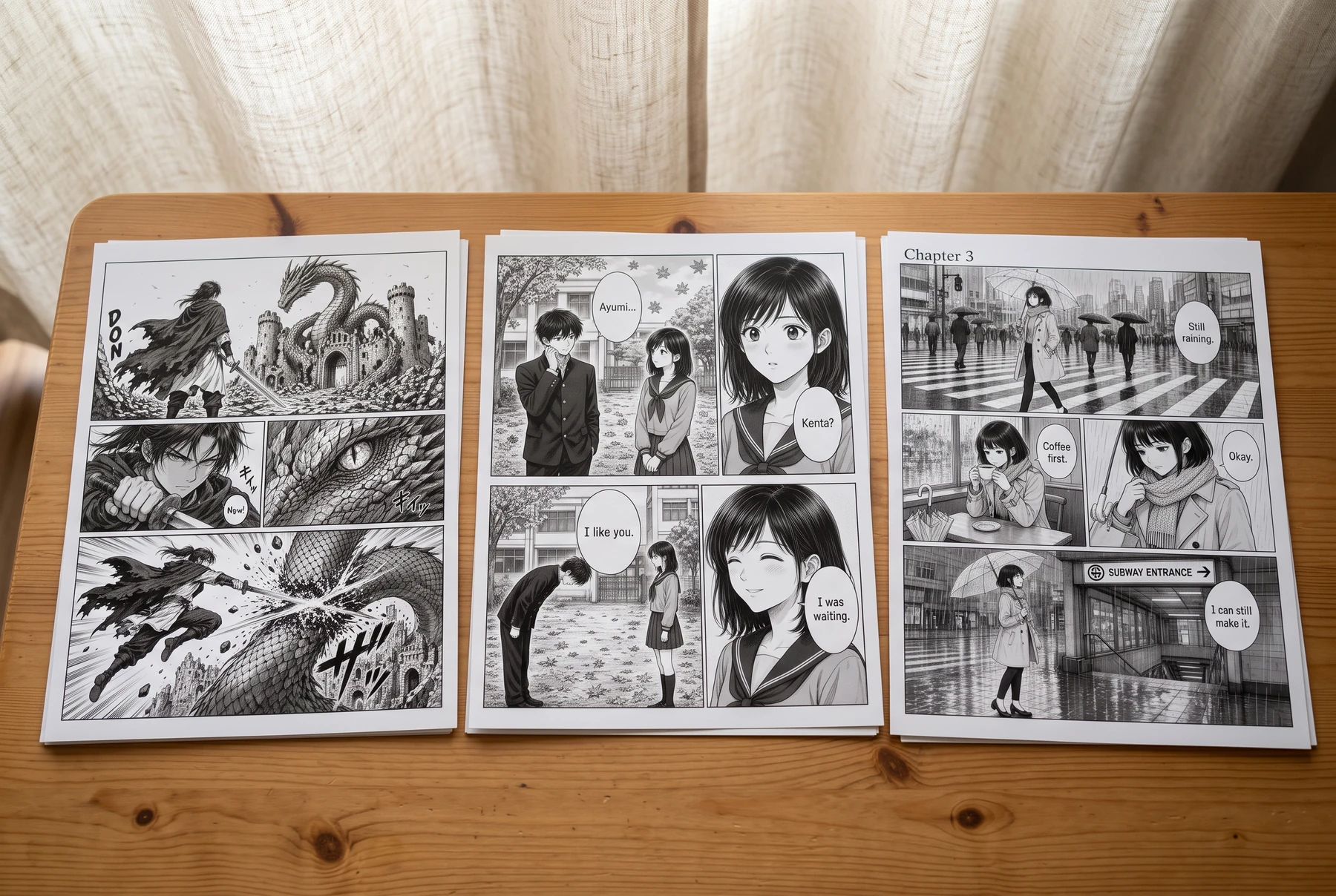 Fantasy, school-romance, and rainy-city manga proofs arranged side by side on a wooden table.