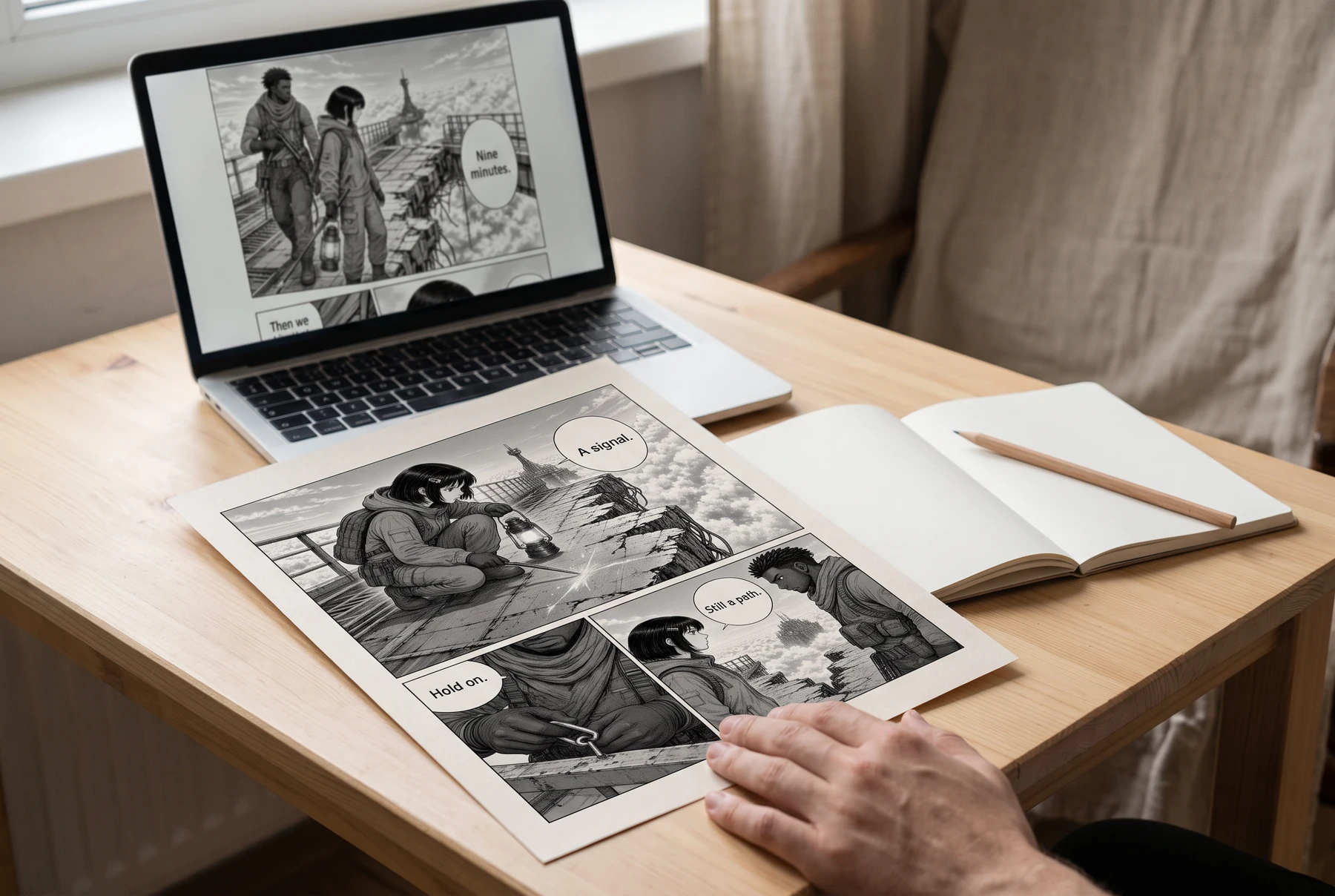 A printed manga page beside a laptop showing manga, an open blank notebook, and a hand at the paper’s edge.