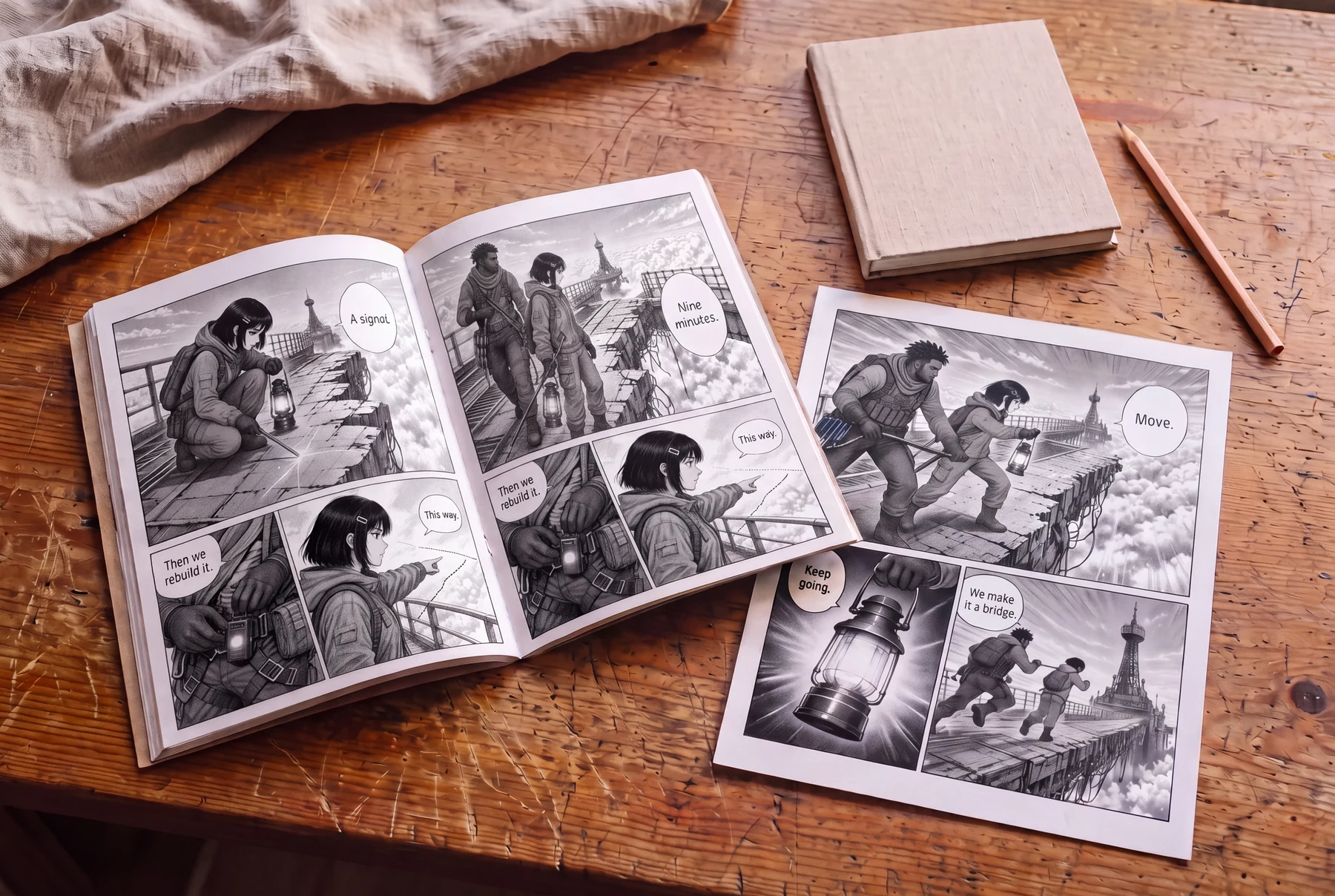 An open manga booklet, a separate chapter proof, a plain notebook, and a pencil on a home worktable.