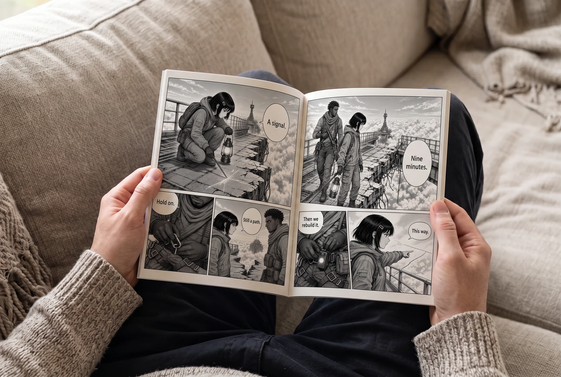 Two hands hold an open manga booklet over a reader’s lap on a soft sofa.