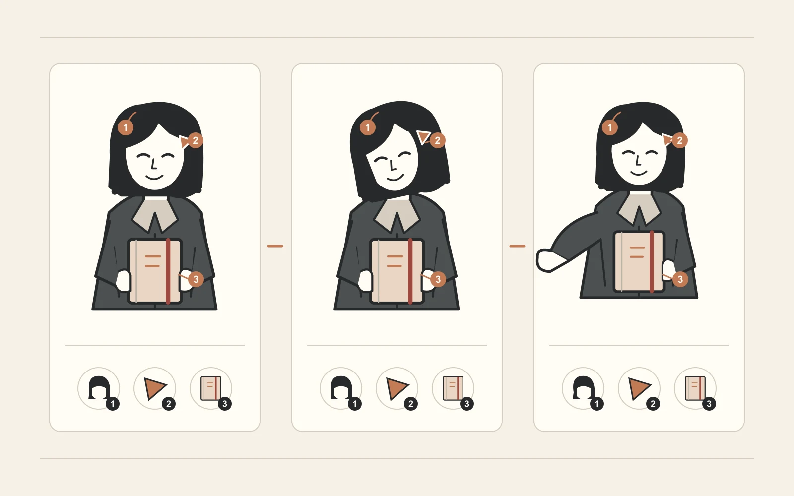 Authored character reference diagram of Mira from the front, at a changed angle, and in a changed pose, retaining her chin-length black hair, left-side triangle hair clip, dark jacket, and notebook.