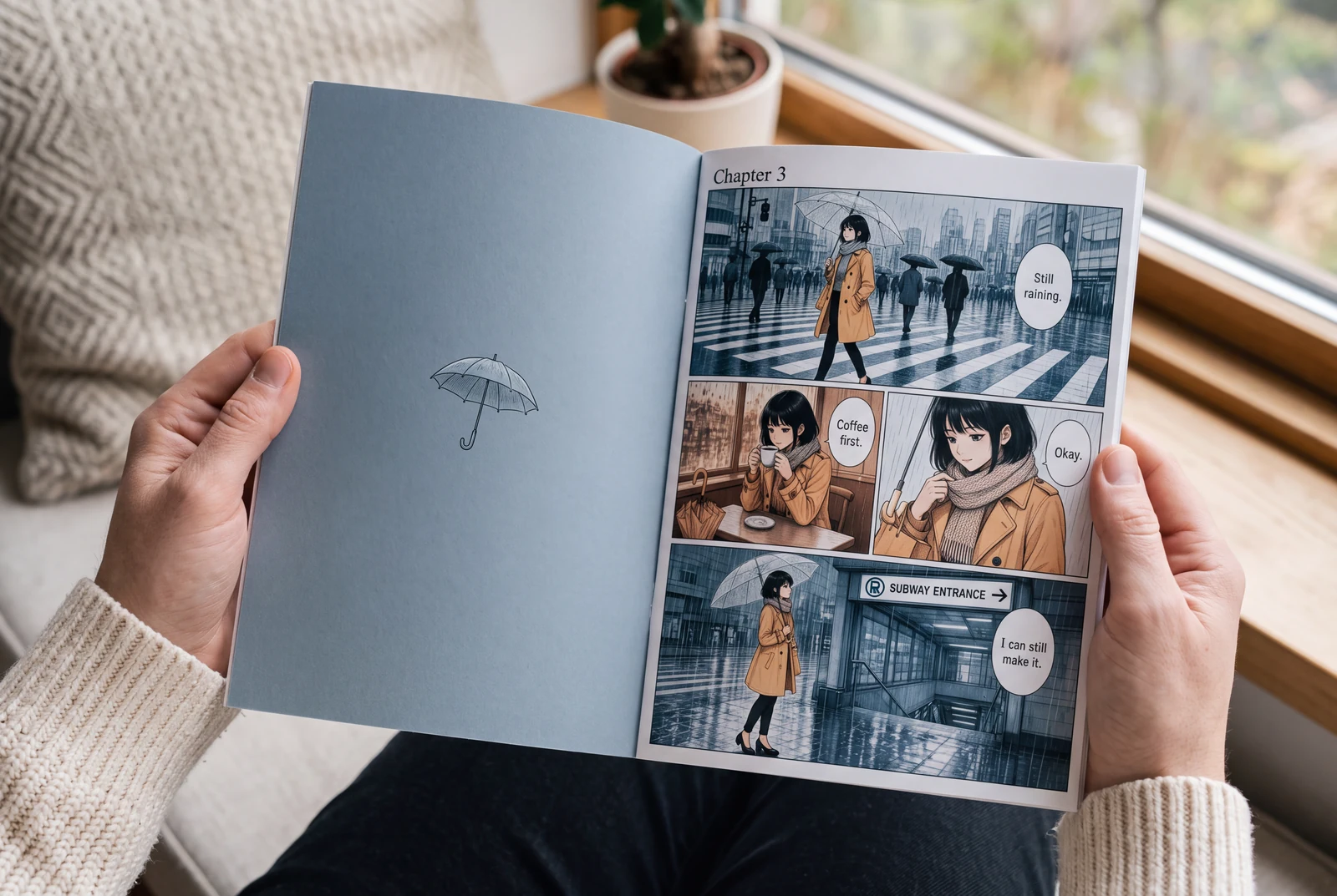 Adult hands holding an open full-color manga booklet on a comfortable reading seat, with the color artwork in focus.