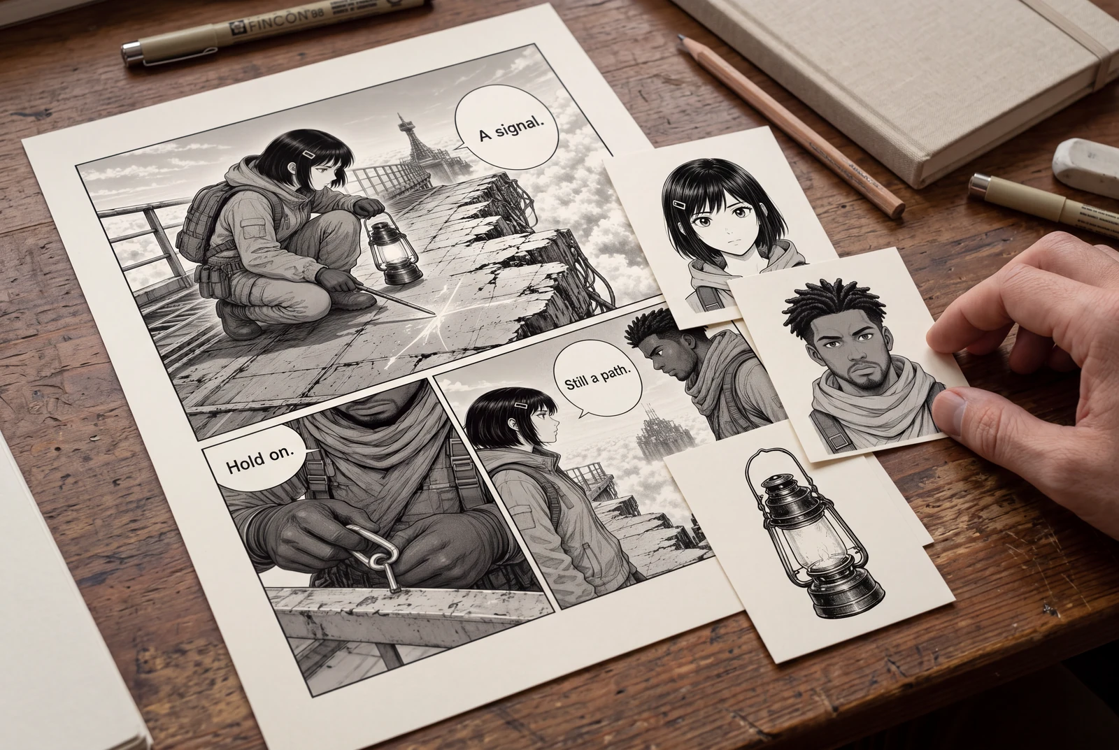 An original manga art print arranged with matching character and lantern prop cards in a lived-in artist workspace.