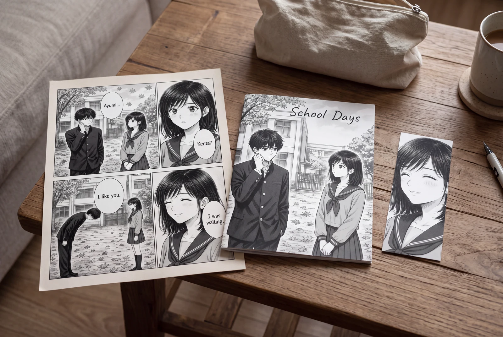 A manga booklet, a matching full-page print and small printed keepsakes arranged together on a home table.