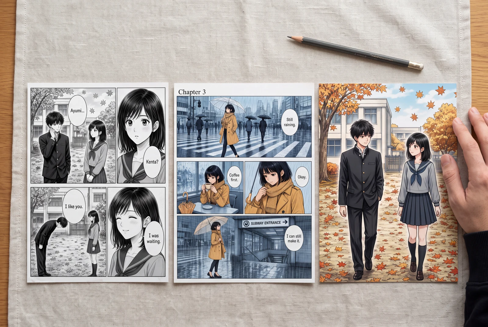 Different original manga page designs printed on separate sheets and arranged on a home worktable.