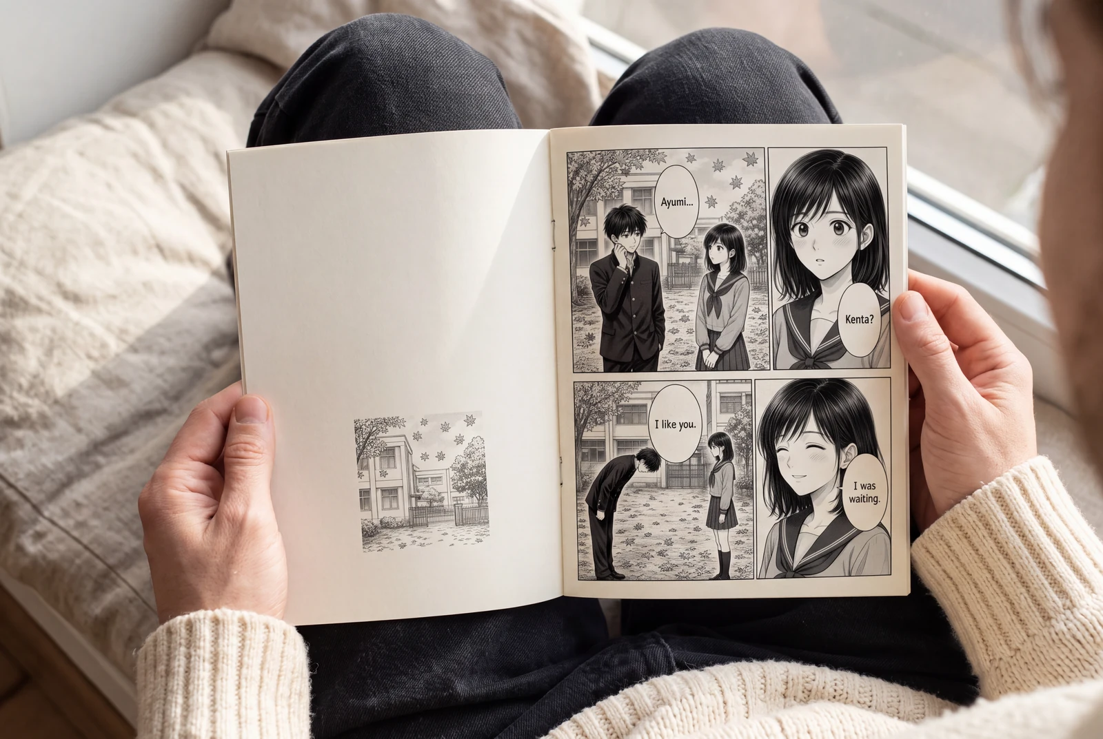 Adult hands holding an open black-and-white manga booklet in a bright, lived-in reading corner.