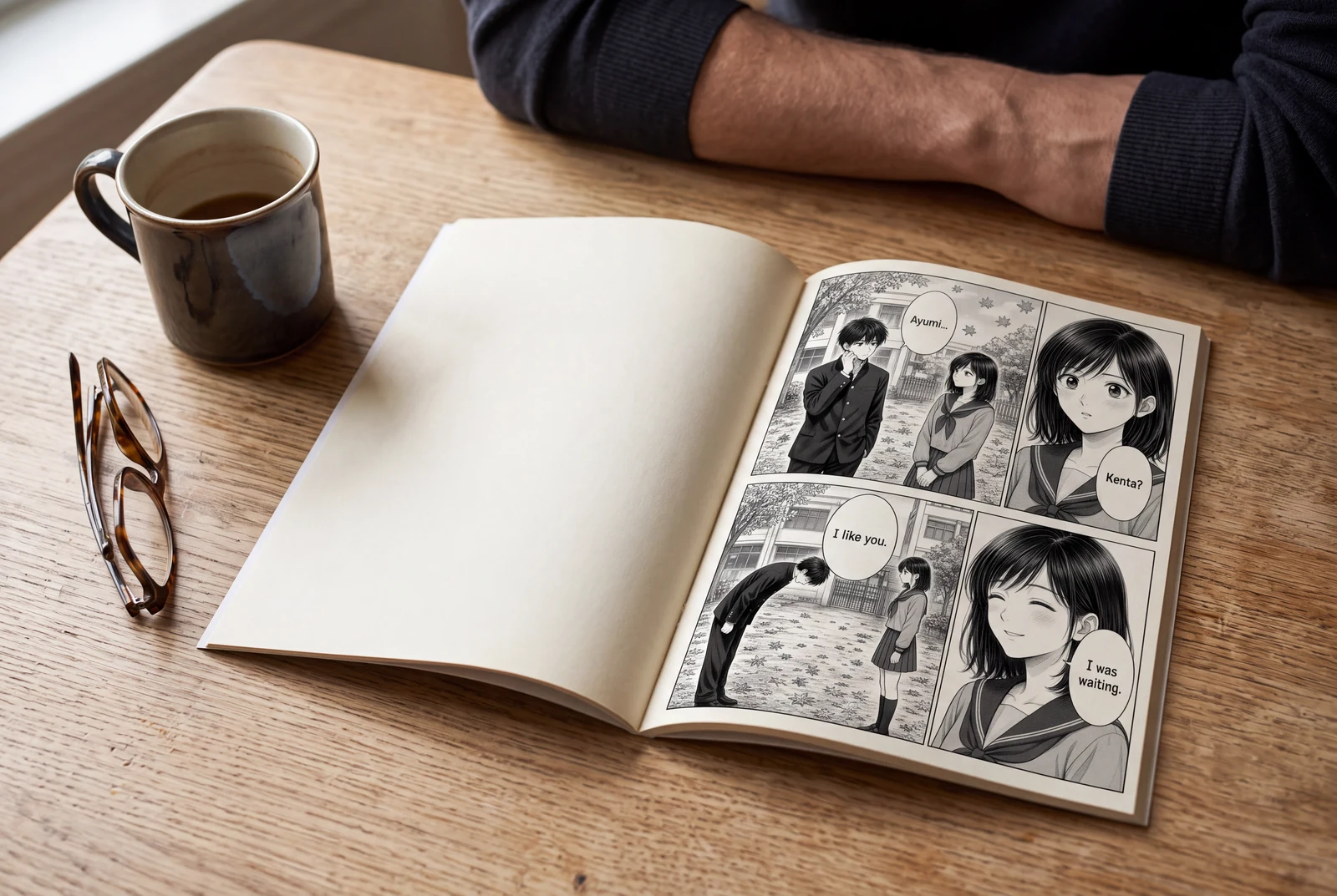A finished black-and-white manga booklet on a reading table in a bright home corner.