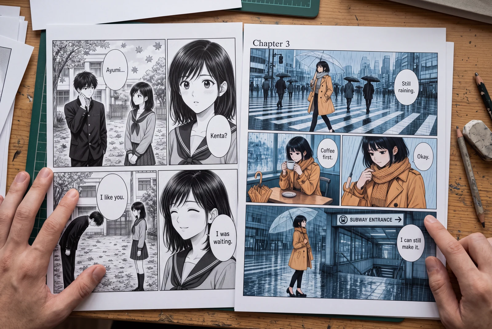 Two original printed manga page designs on a home studio desk, with adult hands reviewing the space around speech bubbles.