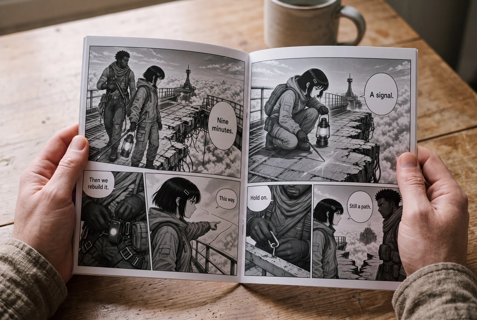 Manga w formie małej książeczki trzymanej w dłoniach oraz dopasowana sekwencja stron pokazująca tych samych kurierów i most w chmurach.