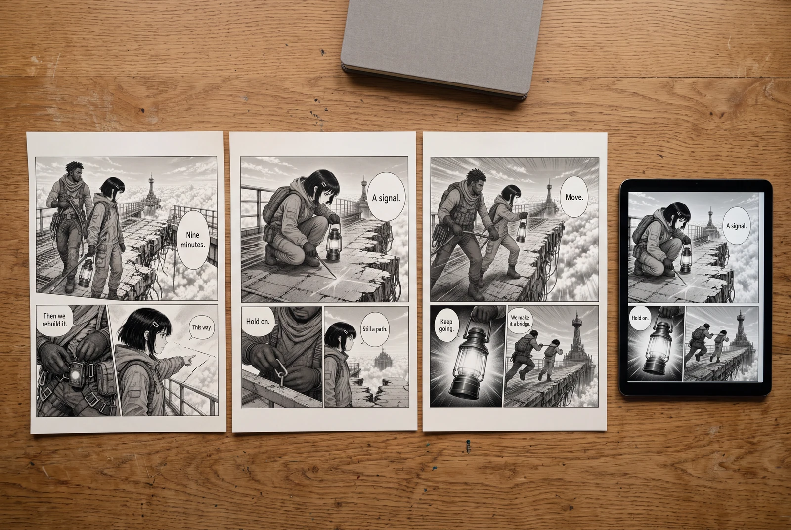 Wydrukowana czarno-biała sekwencja storyboardu fantasy mangi obok tabletu na biurku twórcy.