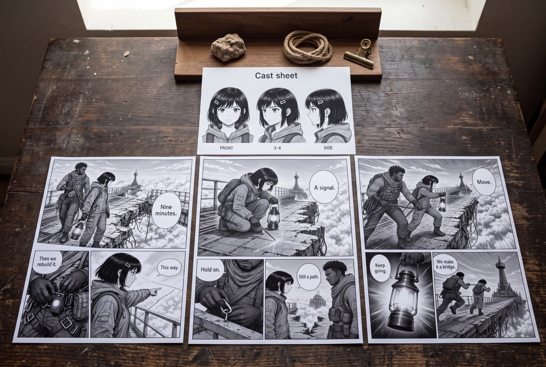 Tres páginas completas de manga del puente aéreo y una hoja de personajes están acomodadas junto con pequeños objetos táctiles de referencia del mundo.