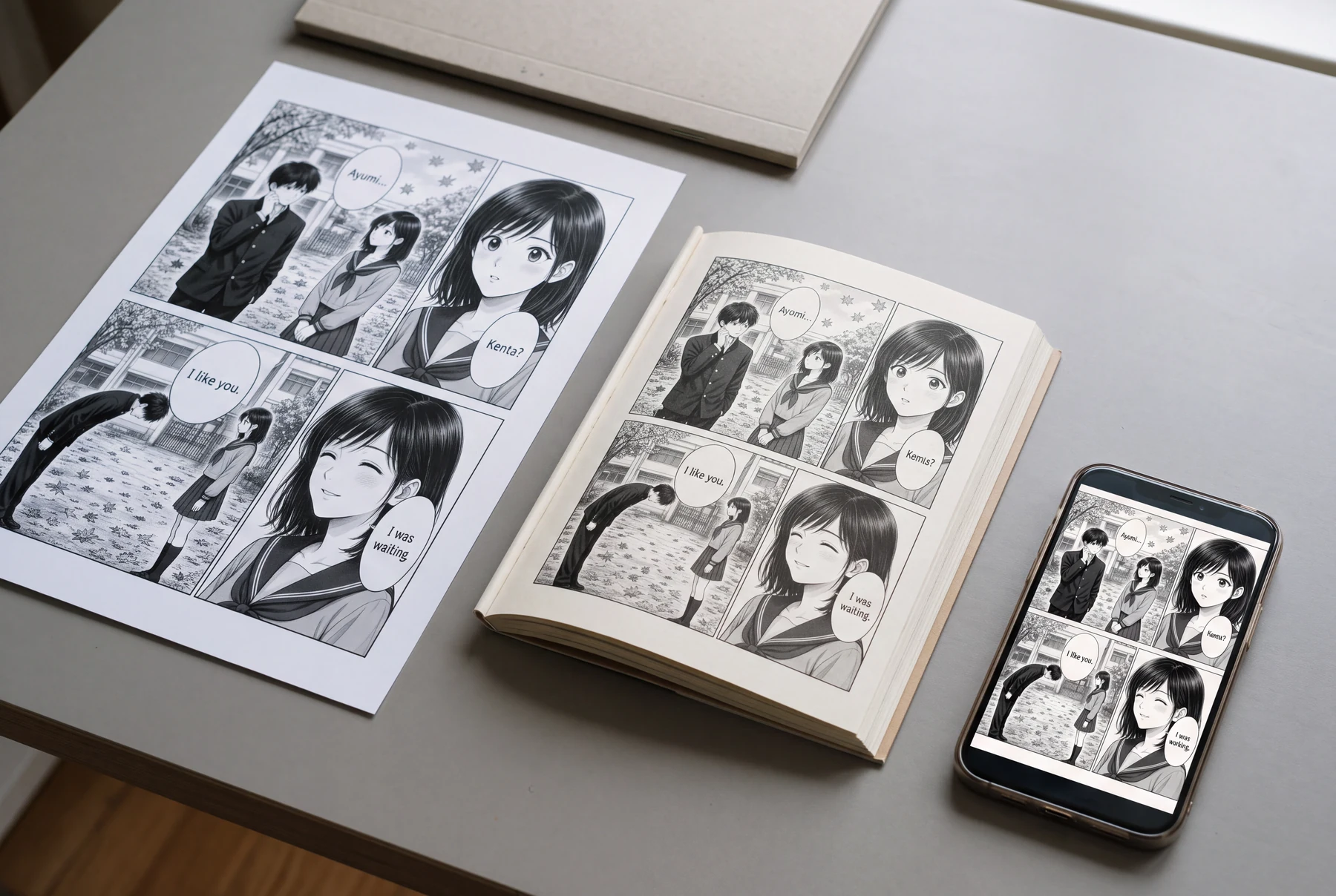 Cùng một trang manga học đường xuất hiện trên điện thoại, bản proof booklet nhỏ và tờ full-page lớn hơn.