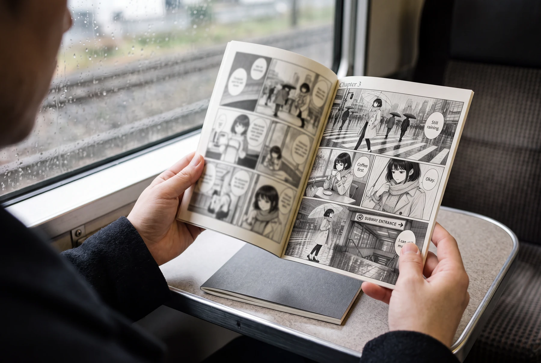 Isang adult reader ang may hawak na tapos na monochrome rainy-city manga booklet sa tabi ng bintana ng tren.