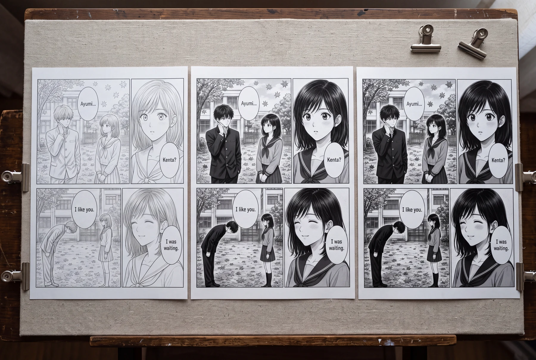 Tatlong full proof ng parehong school manga page ang nagkukumpara ng clean line, balanced tone, at mas madidilim na contrast treatment.