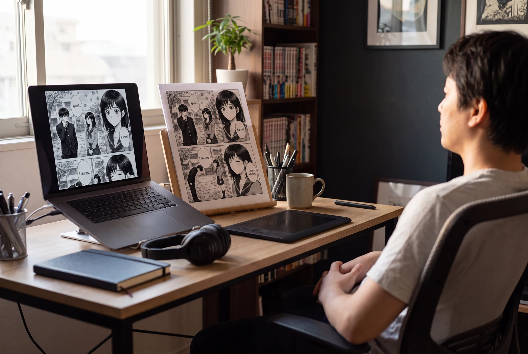 Sinusuri ng isang creator ang iisang tapos na school manga page sa laptop at paper proof sa isang maliit na desk sa bahay.