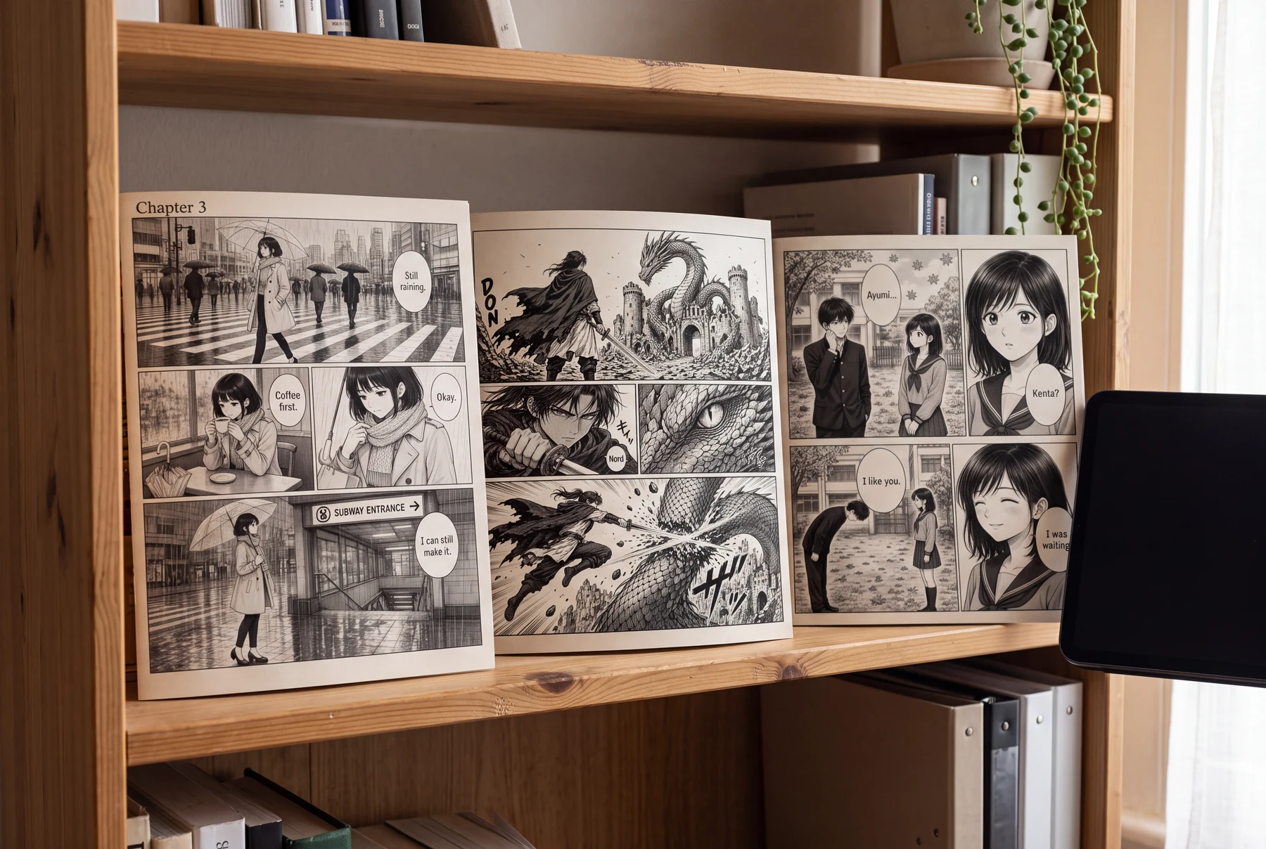 Tatlong sariling inihandang manga folio ang nagpapakita ng mga pahina ng rainy drama, fantasy action, at school romance nang magkakasama sa isang shelf sa bahay.
