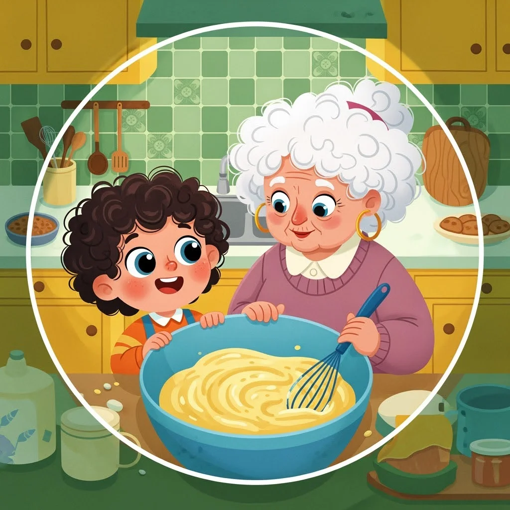 Whimsical, illustrated, close-up top-down scene in vintage kitchen, soft colors, expressive faces, cozy atmosphere, mid-century details, gentle daylight, nostalgic and heartwarming art style.