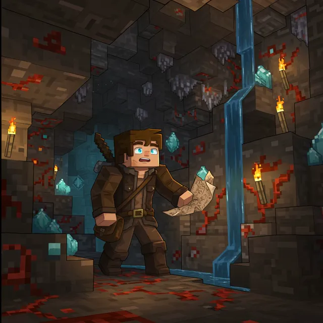 The adventurer descends into the mine, discovering glowing veins of redstone and diamonds.