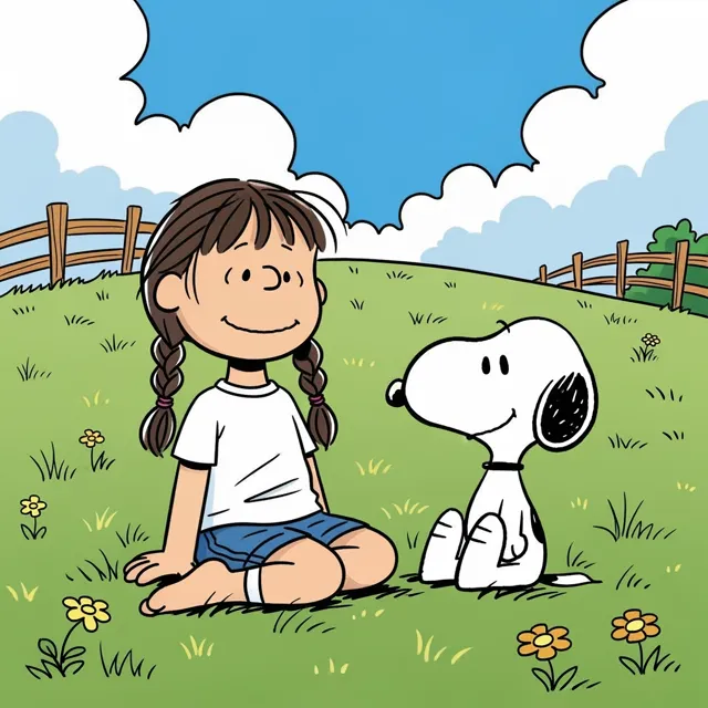 The girl and Snoopy sit together on the grass, Woodstock perched on Snoopy's head. All are calm and content. Example 1