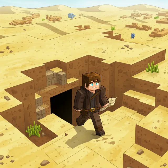 The adventurer manages to escape the creeper and spots the entrance to an underground cave.