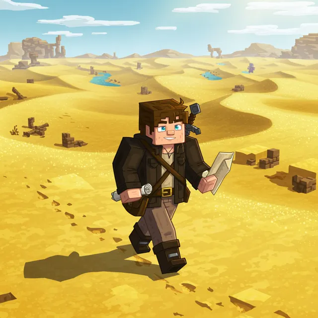 The adventurer finds himself heading into the vast desert, surrounded by dunes and sparse oases.