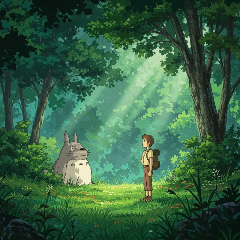 The protagonist stands before the forest, deciding to enter. Example 1