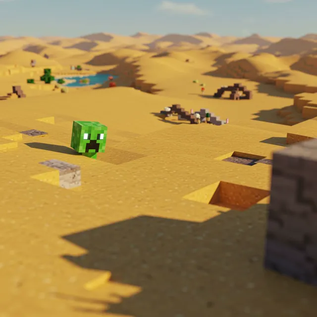 A tense situation unfolds as a creeper approaches from behind one of the dunes.