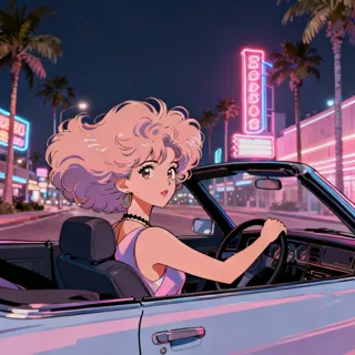 80s retro anime style, city pop aesthetic, neon signs, palm trees, soft pastel color palette, nostalgic film grain