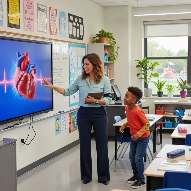 In biology, students and teacher explore a pulsing 3D heart model, engaging everyone.