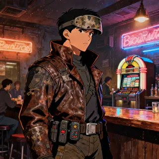 90s retro anime style, city pop aesthetic, neon signs, palm trees, soft pastel color palette, nostalgic film grain