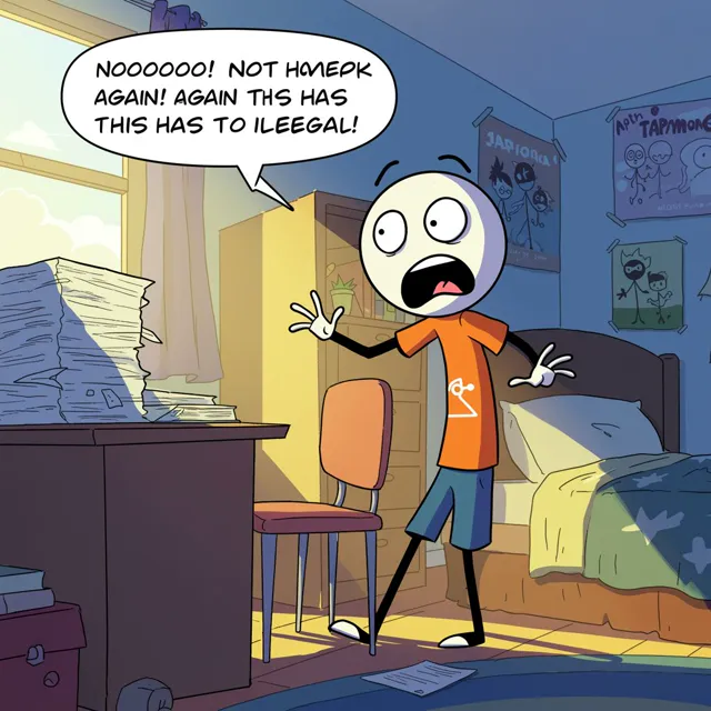 Stick figure reacts dramatically to discovering his pile of homework. Example 1