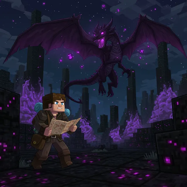 The adventurer faces the Ender Dragon in the climactic battle.