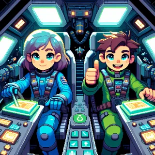 The art style is a vibrant, pixelated retro aesthetic reminiscent of 16-bit video games, featuring bold outlines, bright colors, and a detailed yet blocky design