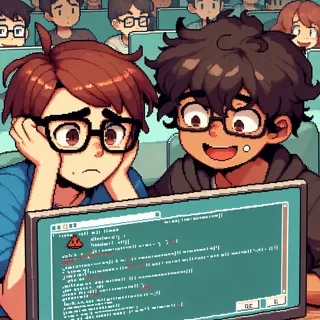 In this manga-style scene, the composition captures a vibrant classroom or computer lab setting. The focus is on two characters at the foreground, engaged with a computer screen displaying lines of code, suggesting a programming activity. The character on the right has dark, curly hair and glasses, with an enthusiastic and excited expression. Their expressive eyes and dramatic lighting highlight their emotions. The background features other students engaged in their activities, creating a bustling atmosphere. The rows of seats in the background add depth and context to the scene. The dynamic, diagonal panels, clean linework, and high contrast with bold outlines emphasize the energetic and emotional impact of the scene.