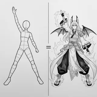 Analyze the composition, pose, and dynamic movements of the wooden man in the provided image, and transform it into a breathtaking anime-style masterpiece. Convert the wooden figure into a fully realized character with a fluid, expressive design that captures the essence of its original motion. Ensure a symmetrical yet dynamic composition, with the character’s pose emphasizing energy and purpose , fantastical accessories  and a vivid facial expression that conveys emotion and personality. Use a bold, harmonious color palette with rich gradients, crisp linework, and strategic shading/highlights to create depth and a polished anime aesthetic. Ensure the final artwork reflects the hallmarks of a high-quality anime masterpiece, with meticulous attention to detail, dynamic composition, and a captivating sense of movement and story.